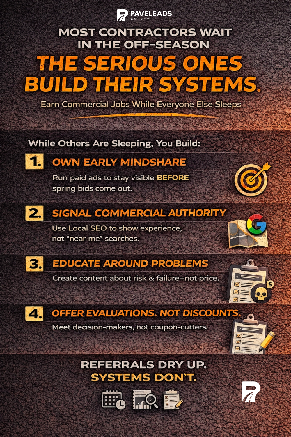 Off-season marketing system for paving contractors to generate commercial jobs while competitors slow down